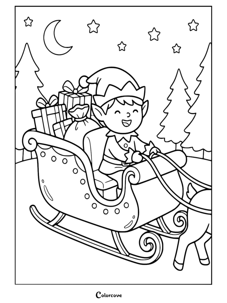 A happy Santa's elf driving a sleigh filled with gifts in a snowy forest at night, printable coloring page.