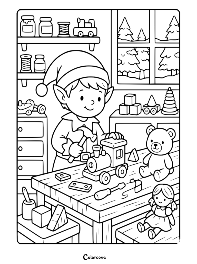 A Santa elf using a hammer to build a toy train in a workshop, featured in a free printable coloring page.