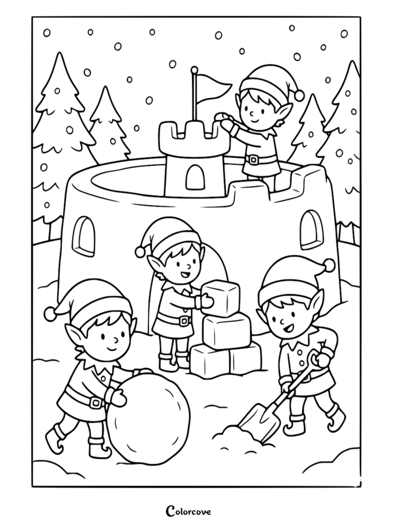 Santa's Elves building a snow castle in a snowy forest, printable coloring page.