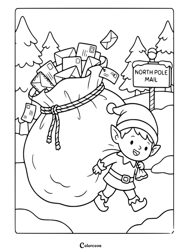 A cheerful elf pulling a large sack of letters near a North Pole Mail sign in this free printable coloring page.