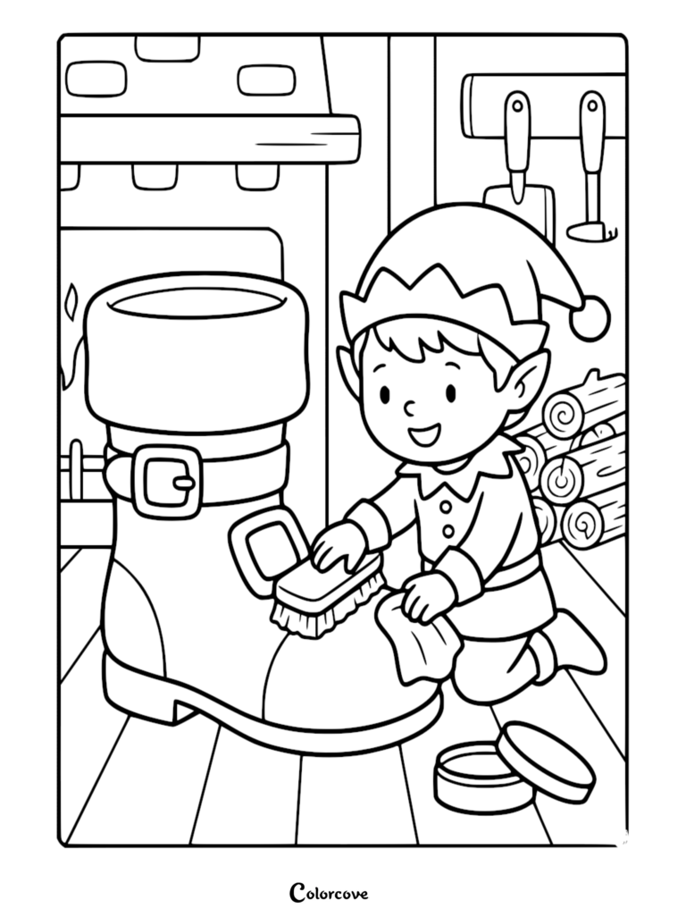A cheerful Santa's elf kneeling by a fireplace, scrubbing and polishing a large Santa boot with a brush and cloth in this printable coloring page.