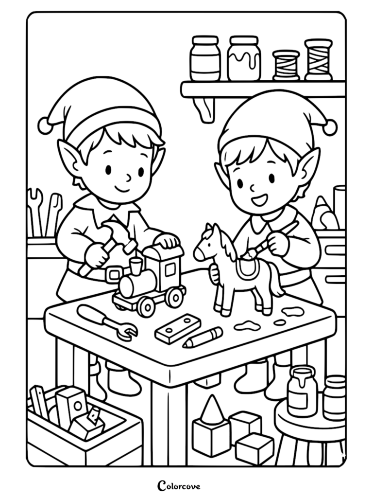 Two Santa's Elves working in a workshop on a toy train and horse, printable coloring page.
