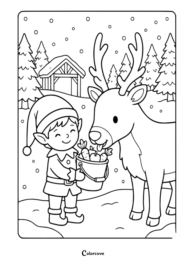 Santa's elf feeding a reindeer from a bucket of carrots in a snowy forest scene coloring page