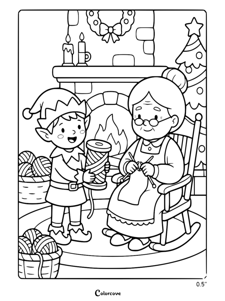 Santa's Elf handing a spool of yarn to Mrs. Claus who is knitting in a rocking chair by the fireplace in this free printable coloring page.