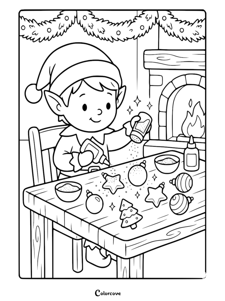 Santa's Elf decorating Christmas ornaments with glitter on a coloring page.