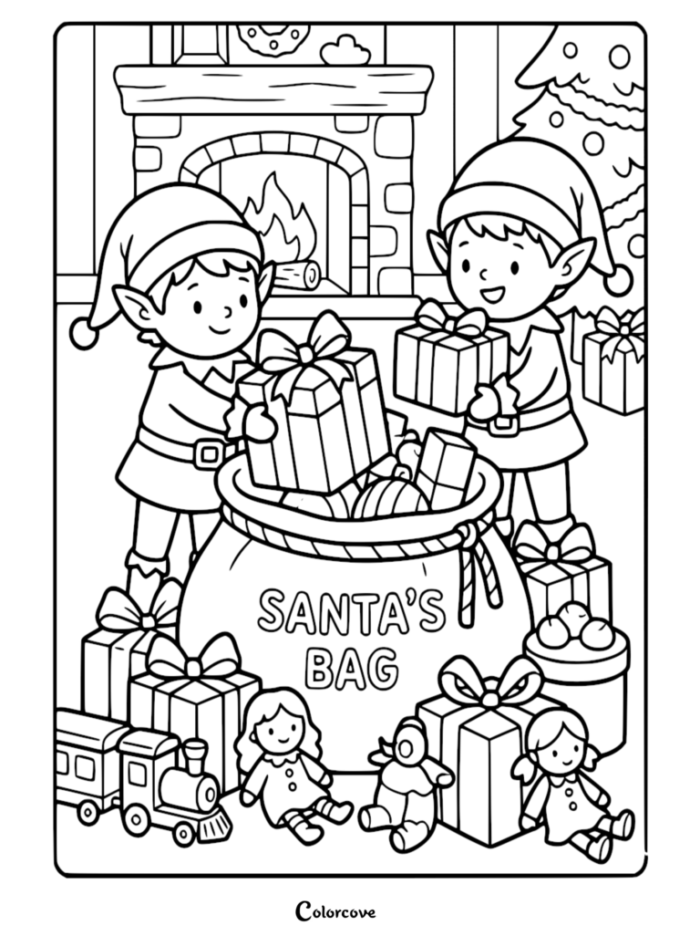 Two Santa's elves packing gifts into a large sack labeled Santa's Bag in this printable coloring page scene with a fireplace and Christmas tree.
