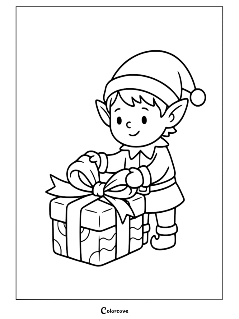 cheerful Santa's elf tying a bow on a present.