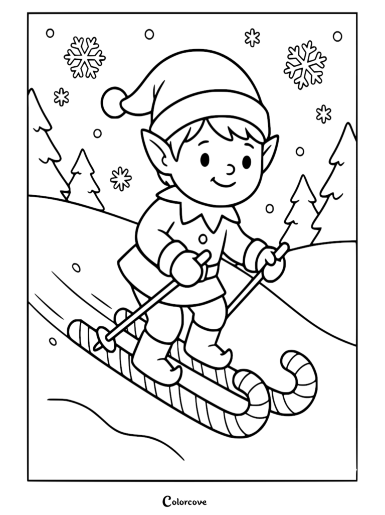 Santa's Elf skiing on candy cane skis in a snowy forest, printable coloring page.