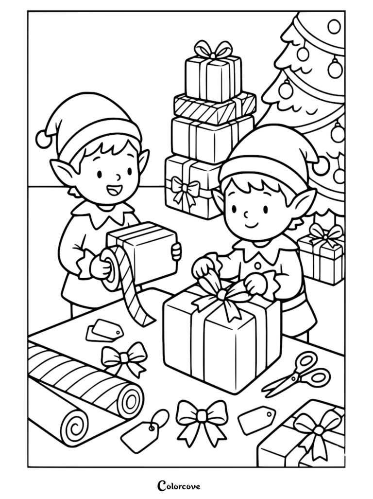 Two Santa's Elves wrapping Christmas presents with bows and ribbons in this free printable coloring page.