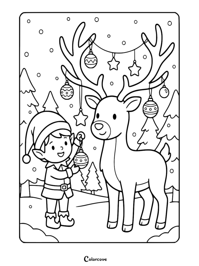 Santa's elf decorating a reindeer with Christmas ornaments in a snowy forest coloring page.