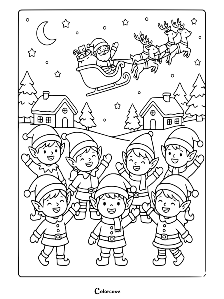 Seven cheerful Santa's elves waving at Santa Claus flying his sleigh in the night sky on this free printable coloring page.