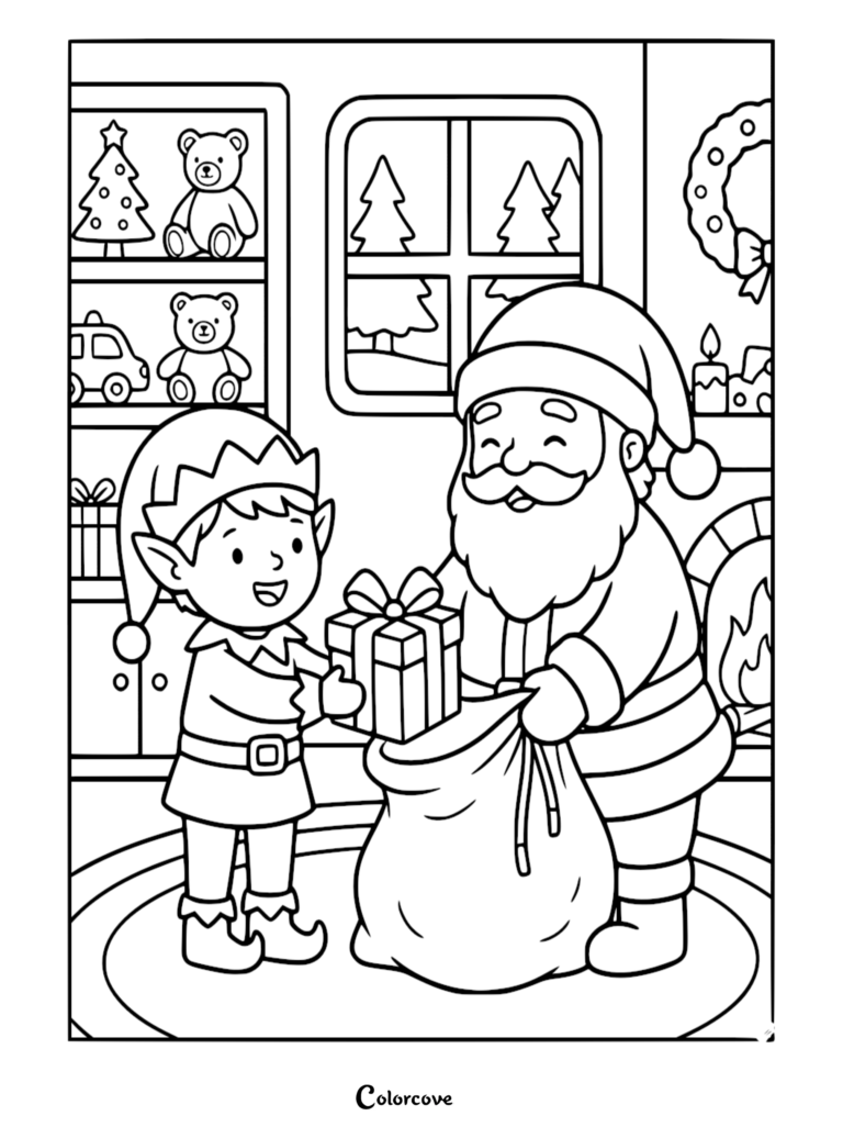 Santa Claus and a Santa's Elf packing a gift into a toy sack in a workshop, printable coloring page.