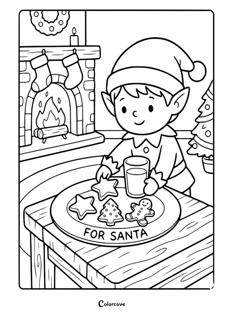 A Santa's Elf coloring page showing an elf placing a glass of milk and cookies on a plate labeled For Santa by a fireplace.