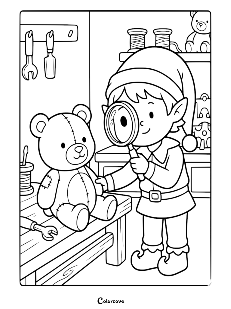 Santa's Elf inspecting a teddy bear with a magnifying glass in a workshop, printable coloring page.