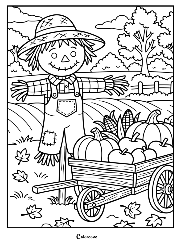 Un epouvantail sympathique portant un chapeau de paille et une salopette, debout à côté d'une charette en bois remplie de citrouilles et de maïs, une page de coloriage à imprimer.