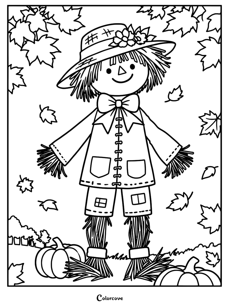 Un epouvantail souriant portant un chapeau orné de fleurs et un nœud papillon, debout parmi des citrouilles et des feuilles d'érable qui tombent sur cette page de coloriage à imprimer.