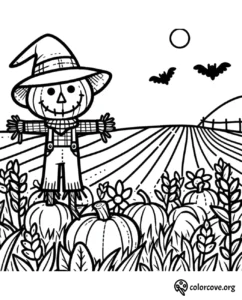 Scarecrow in a pumpkin patch coloring page with wheat, flowers, bats, full moon, and countryside background.
