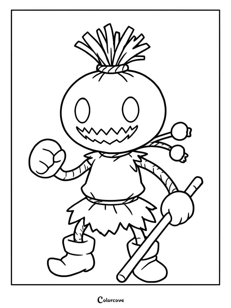 Une page de coloriage au trait de l'Épouvantail Sans-cœur de Kingdom Hearts, présentant une tête ronde avec une bouche dentelée, des cheveux de paille et tenant un bâton en bois.