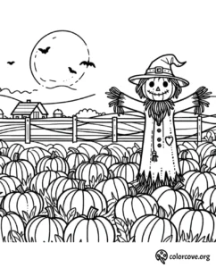 Halloween coloring page with a scarecrow in a pumpkin patch, bats flying near the moon, and a farmhouse in the background.