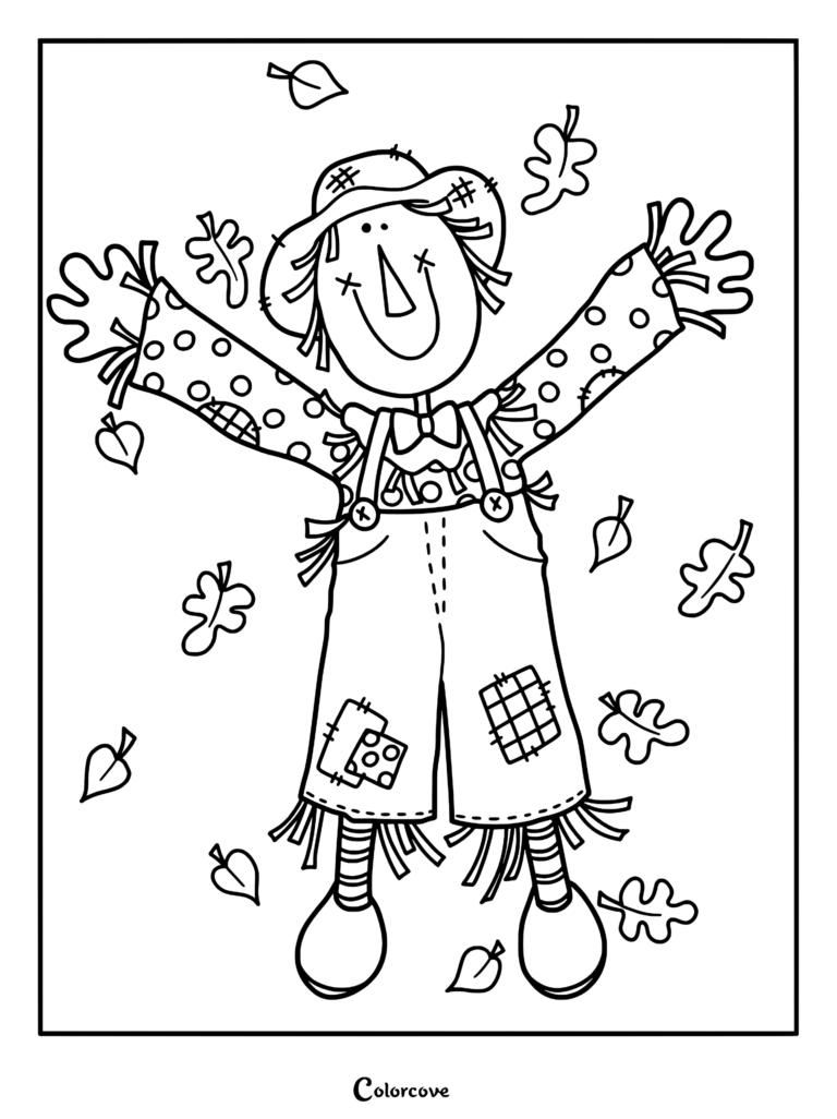 Un epouvantail joyeux portant un chapeau rapiécé et une salopette avec les bras levés au milieu de feuilles d'automne qui tombent sur cette page de coloriage à imprimer.