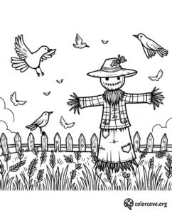 Scarecrow coloring page with birds flying above a field with a fence in the background. Perfect for fall-themed activities.