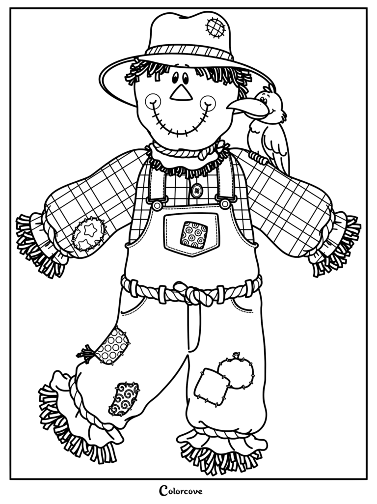 Un epouvantail sympathique portant un chapeau rapiécé, une chemise à carreaux et une salopette, avec une petite corneille perchée sur son épaule sur cette page de coloriage à imprimer.