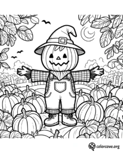 Scarecrow in a pumpkin patch coloring page with fall leaves and bats in the background, perfect for Halloween fun.