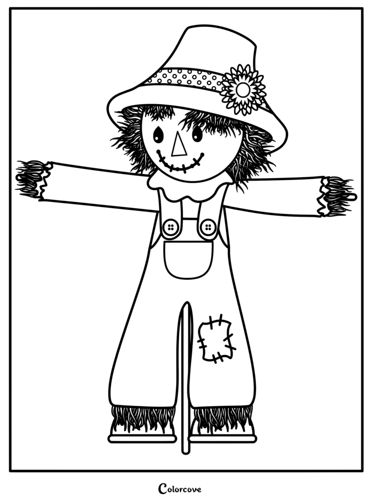 Une page de coloriage d'epouvantail sympathique présentant un chapeau avec une fleur, une bouche cousue et une salopette rapiécée.