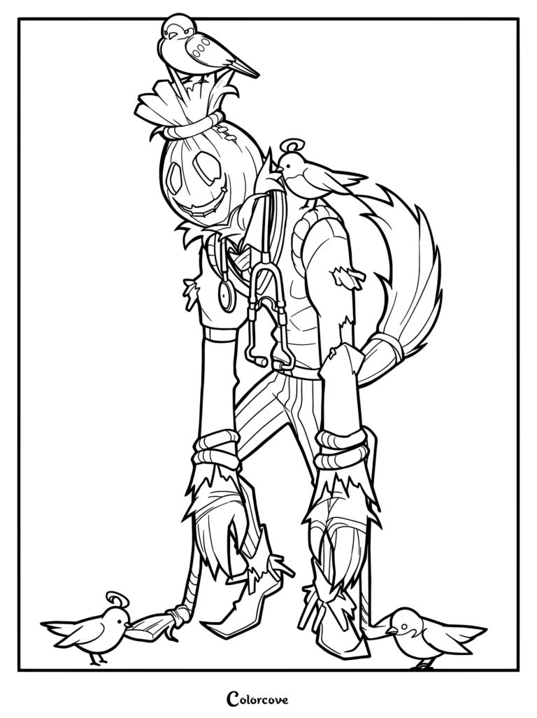 Un Epouvantail sympathique avec une tête de citrouille cousue, portant un stéthoscope et entouré de quatre petits oiseaux sur cette page de coloriage détaillée.