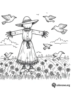 Scarecrow coloring page with birds and flowers in a field under a clear sky, for kids to color and enjoy.