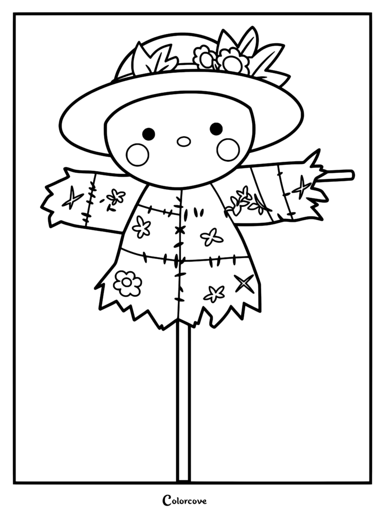 Une jolie page de coloriage d'epouvantail présentant un visage rond, un chapeau décoré de fleurs et de feuilles, et une chemise patchwork à motifs floraux.