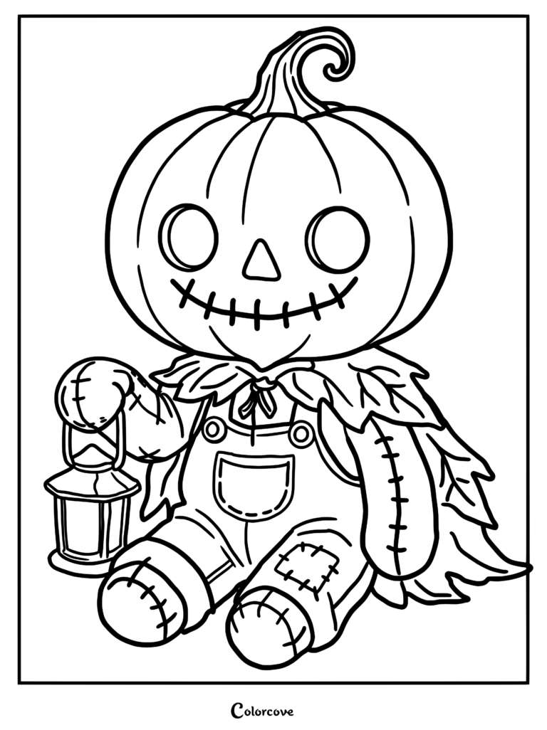 Un mignon epouvantail à tête de citrouille portant une salopette et une cape de feuilles, tenant une lanterne sur cette page de coloriage à imprimer.