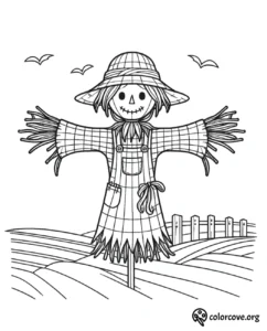 Scarecrow coloring page for kids featuring a smiling scarecrow in a field with birds flying in the sky.
