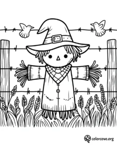 Scarecrow coloring page with a hat and birds on a fence, surrounded by wheat. Printable for kids' autumn-themed activities.