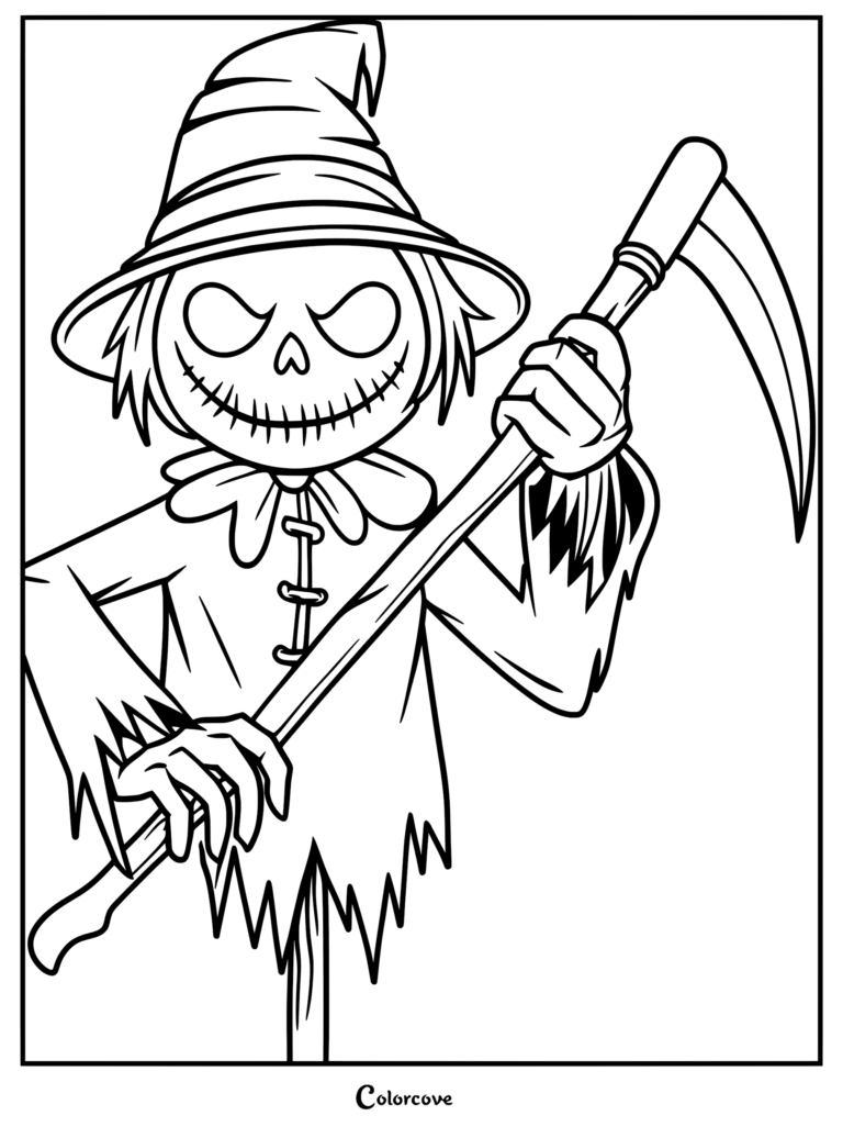 Un epouvantail effrayant portant un chapeau pointu et tenant une grande faux sur cette page de coloriage à imprimer.