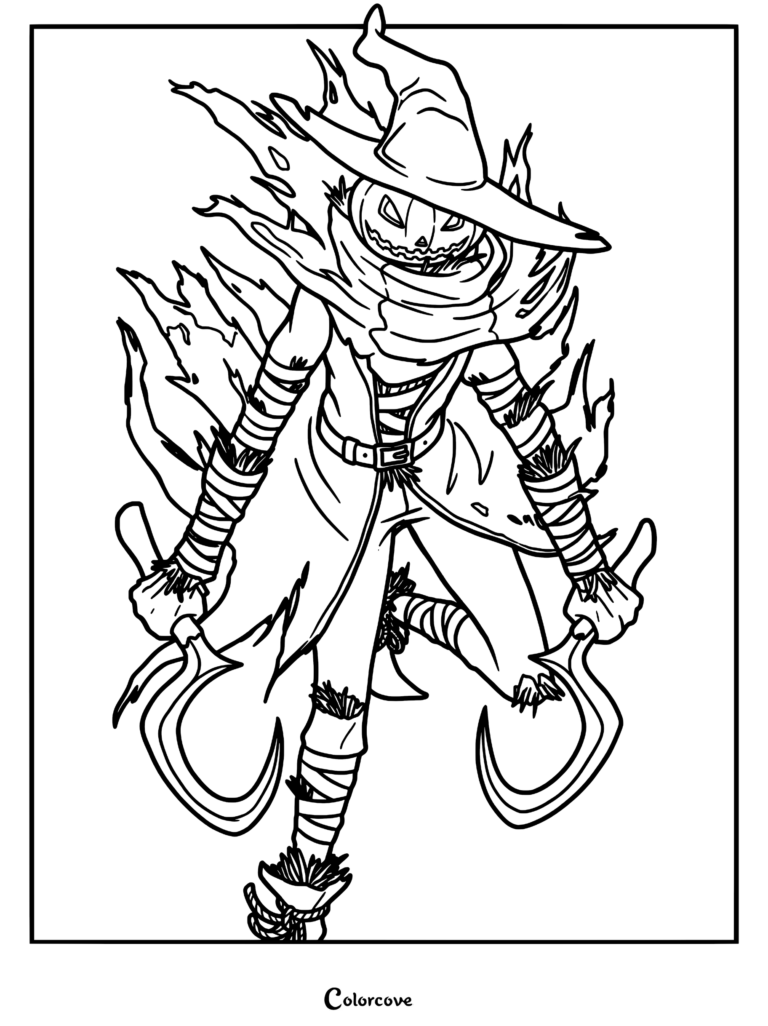 Une page de coloriage au trait d'un epouvantail à tête de citrouille portant un chapeau de sorcière et une écharpe, entouré de flammes tout en maniant deux faucilles incurvées.
