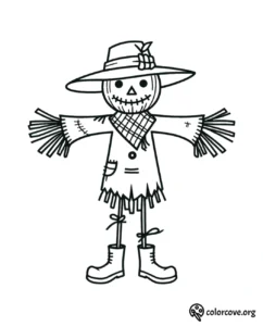 Scarecrow coloring page, perfect for autumn and Halloween activities for kids. Printable image with simple design.