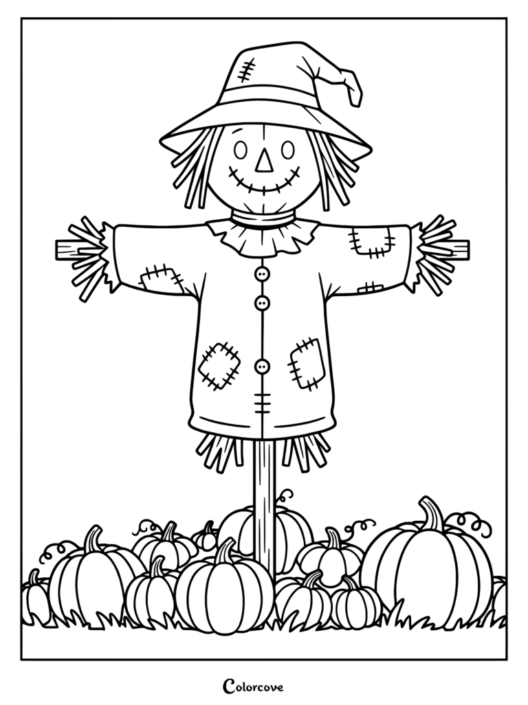 Un epouvantail sympathique portant une chemise rapiécée et un chapeau, debout dans un champ de citrouilles, page de coloriage.