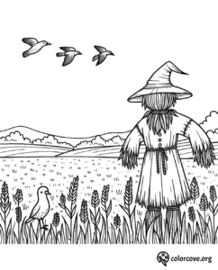 Scarecrow in wheat field with birds flying, coloring page for kids, free printable from colorcove.org.
