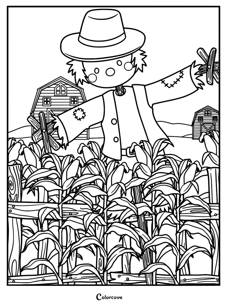 Un epouvantail sympathique portant un chapeau et une chemise rapiécée, debout dans un champ de maïs, présenté comme une page de coloriage à imprimer.