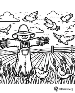 Black and white coloring page featuring a scarecrow in a field with birds flying around and crops in the foreground.