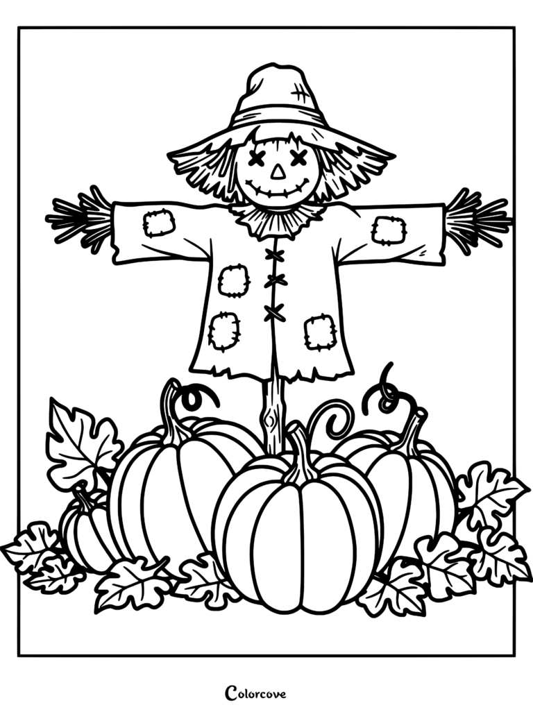 Un epouvantail avec un visage cousu et un chapeau, debout derrière un carré de citrouilles et de feuilles d'automne sur cette page de coloriage à imprimer.