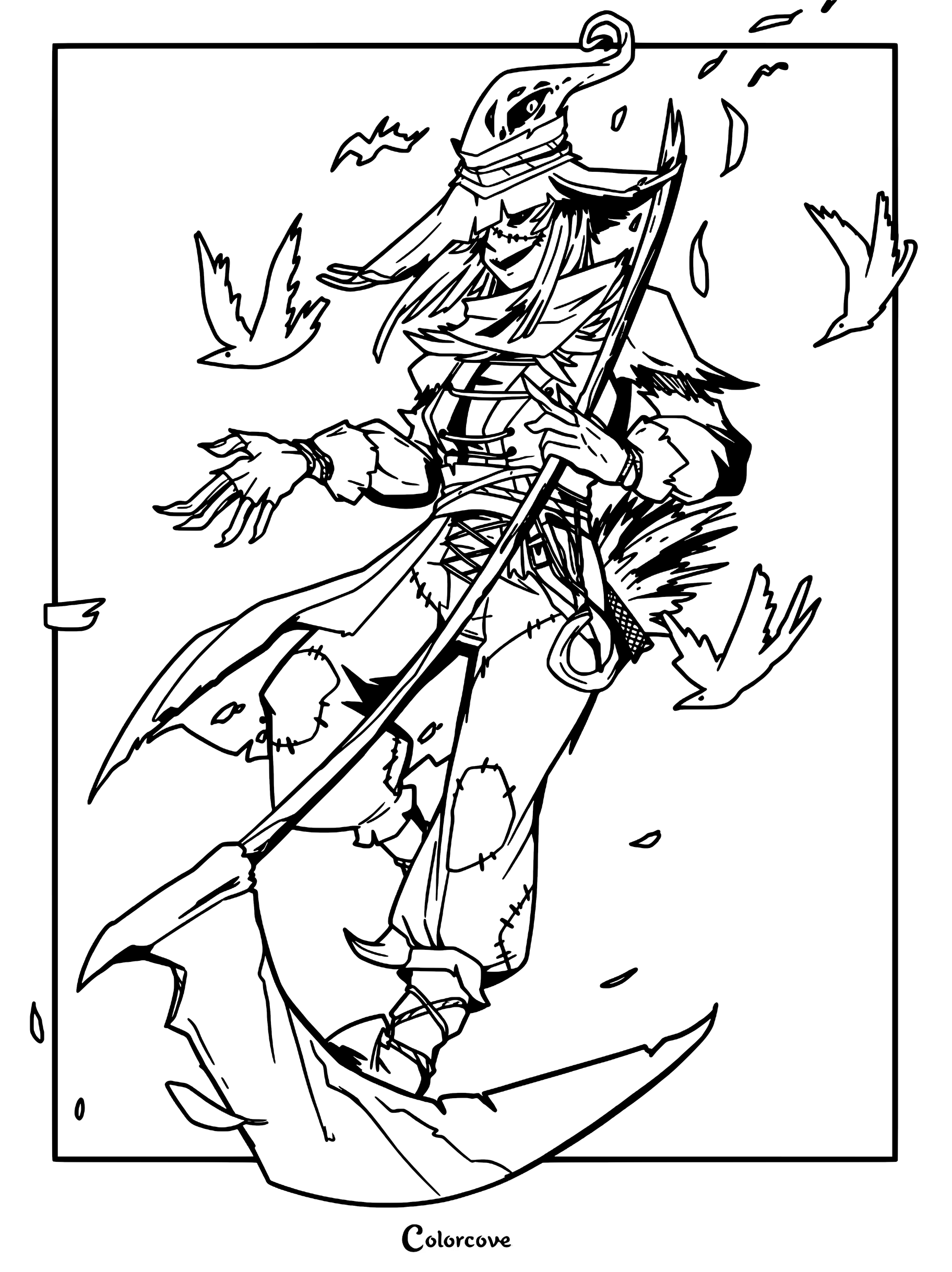 Scarecrow character wearing a tattered hat and holding a large scythe surrounded by flying birds in this detailed coloring page.