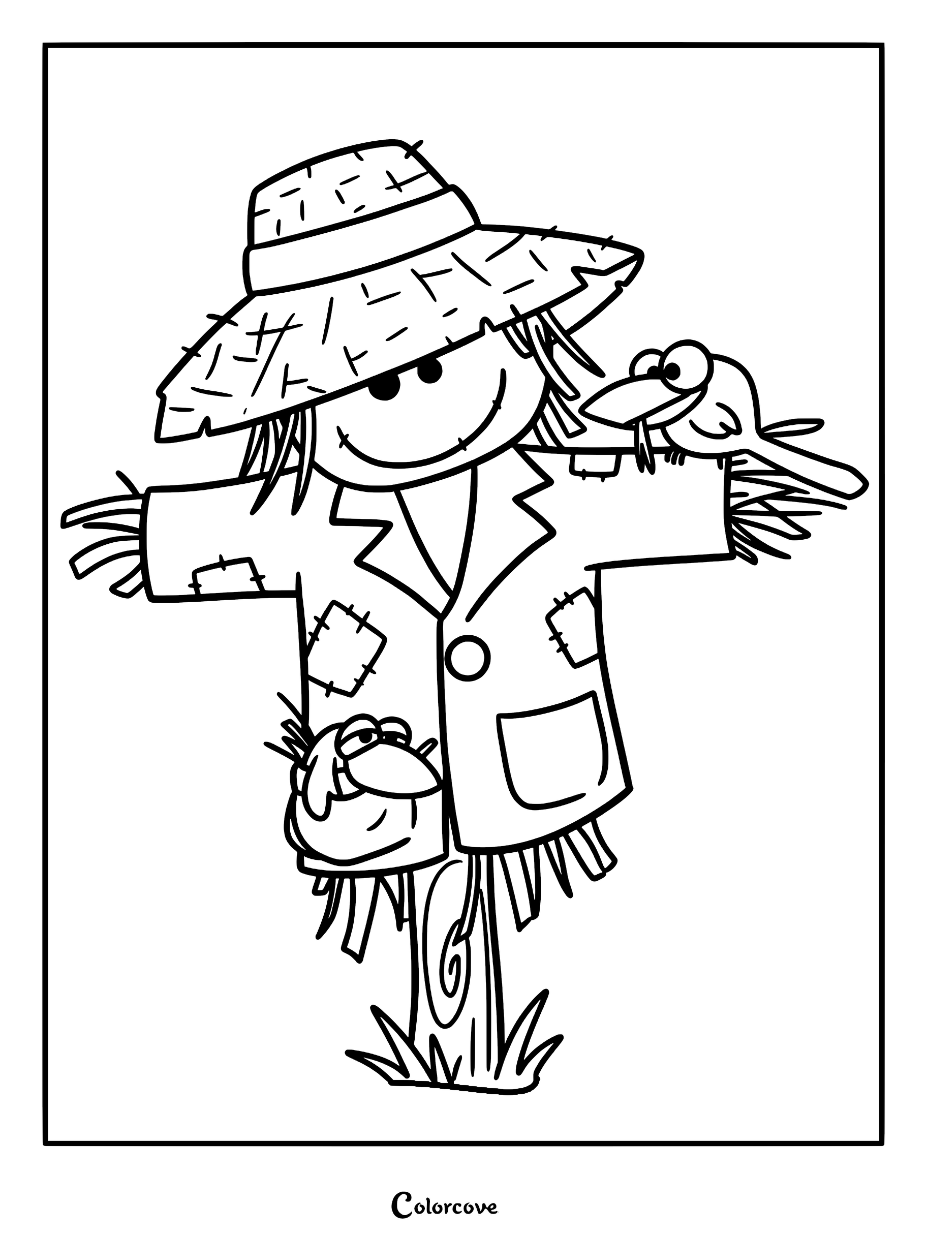 A friendly scarecrow wearing a straw hat and patched coat with two birds perched on it in this printable coloring page.