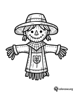 Scarecrow coloring page for kids, featuring a cute scarecrow with a hat and overalls, by colorcove.org. Perfect for fall activities.