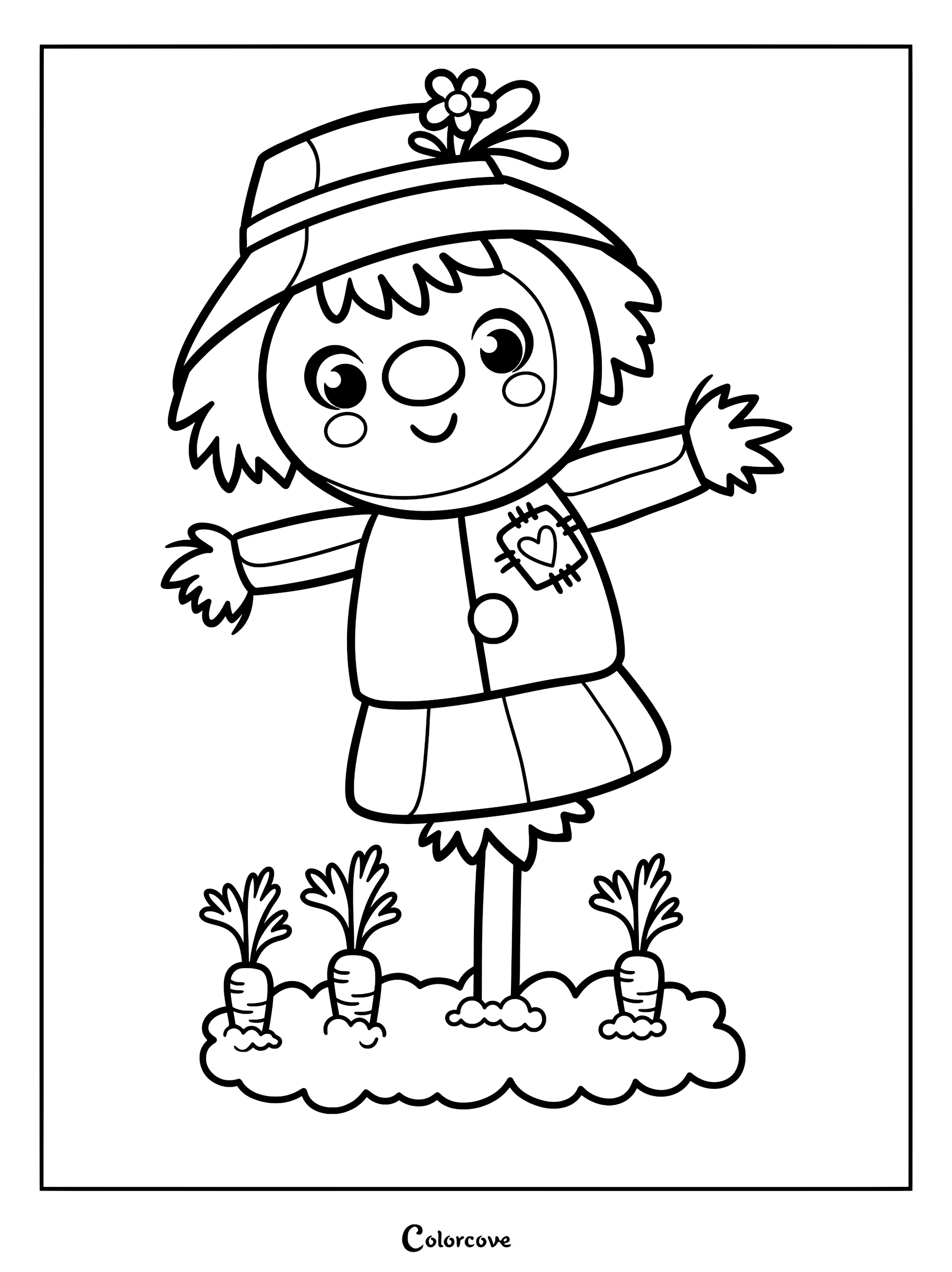 A cute scarecrow with a flower hat and heart patch standing in a carrot patch coloring page.