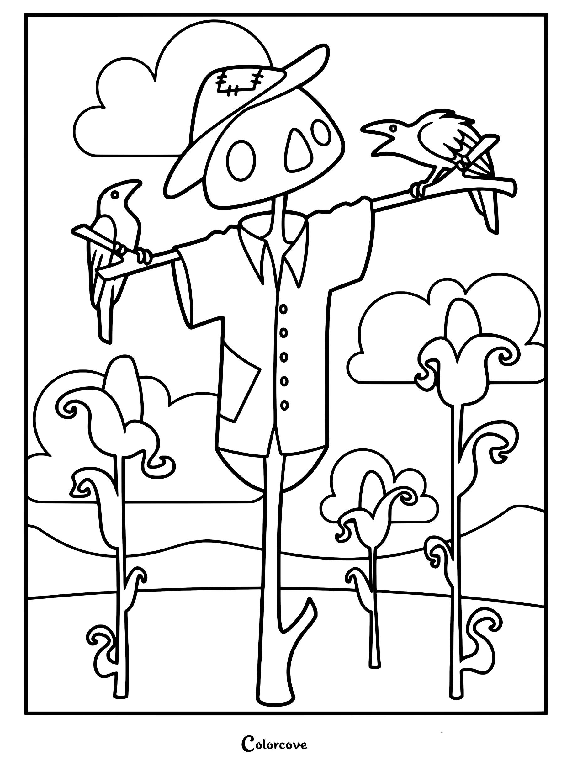 A scarecrow wearing a patched hat standing in a cornfield with two crows perched on its arms in this printable coloring page.