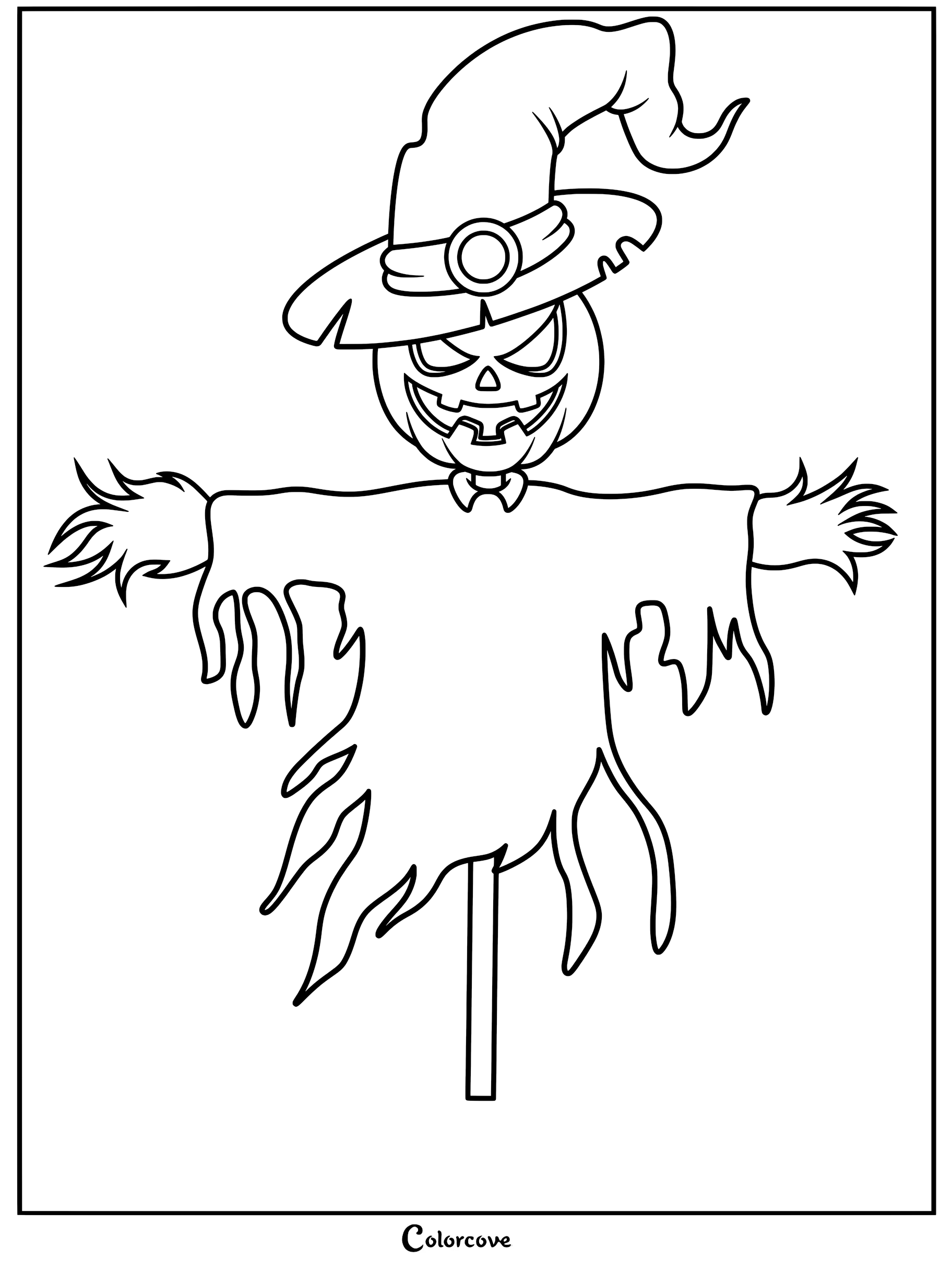 A printable coloring page featuring a spooky scarecrow with a jack-o'-lantern head wearing a tall, buckled witch hat.