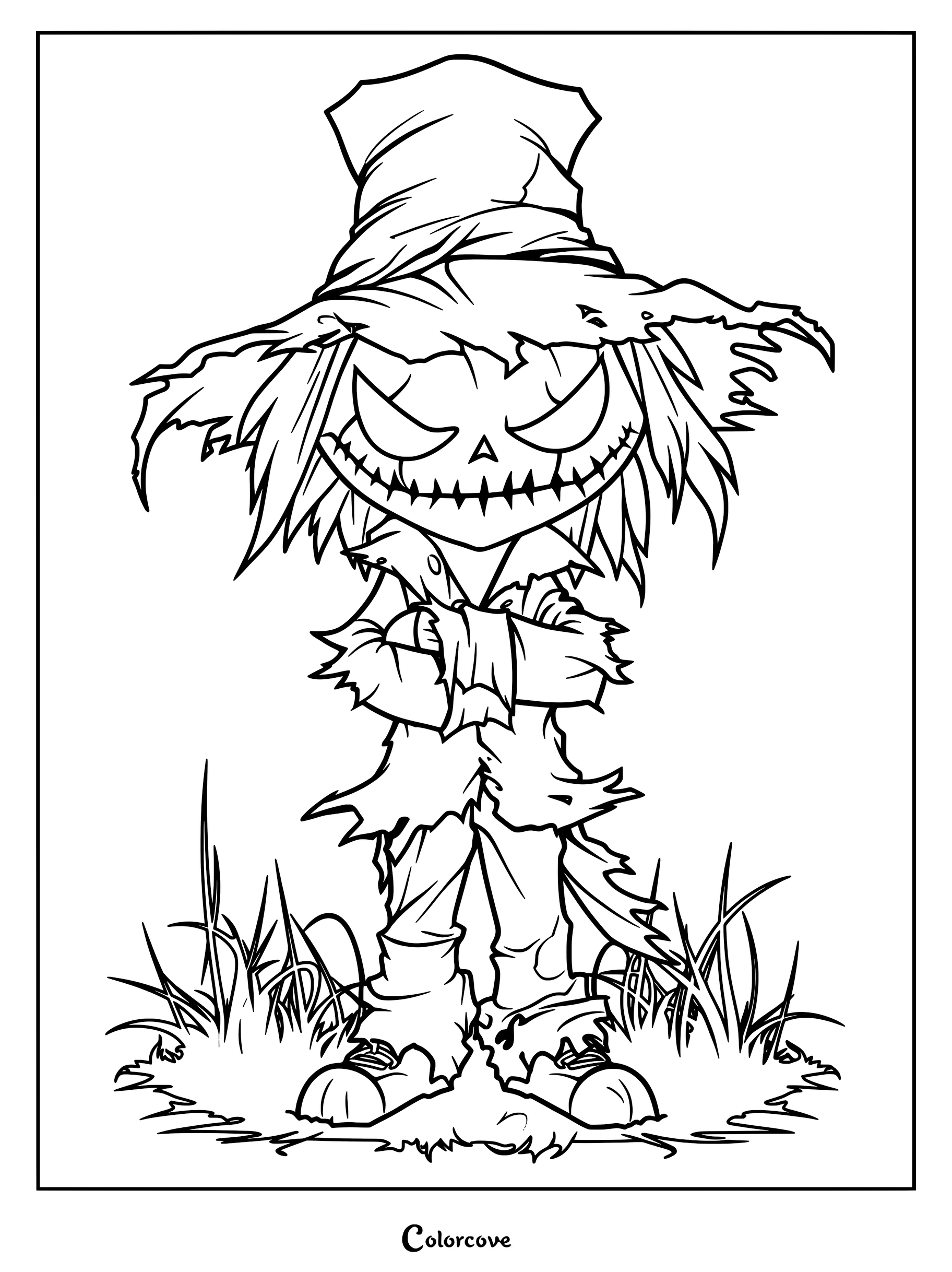 A chibi Scarecrow with a stitched pumpkin face, tattered clothes, and a tall hat standing in grass on a coloring page.