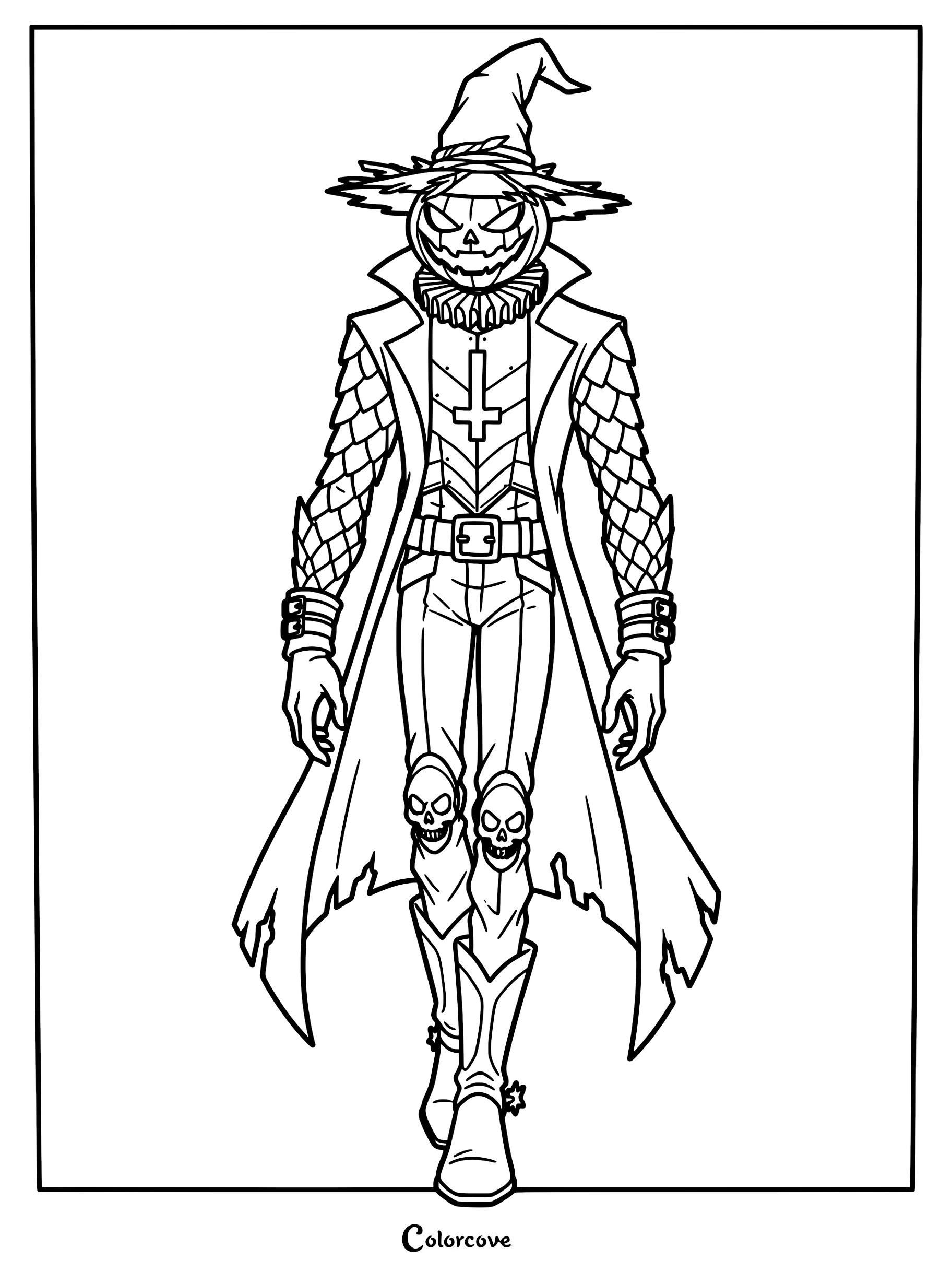 A detailed coloring page of a Scarecrow character with a carved pumpkin head, wearing a tattered trench coat, spiked armor, and skull-adorned knee pads.